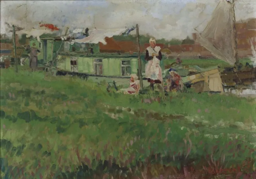 Ben Walrecht, Rustende meisjes bij woonboten aan de Oosterhamrikkade, 1935. Collectie De Ploeg sinds 2015.